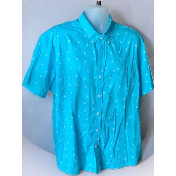 Izod Advantage Button Down Short Sleeve Shirt Turquoise White Turtle Print 2XL - Picture 2 of 8